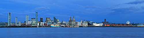 A panoramic view of The Liverpool Waterfront, Liverpool, Merseyside, England, United Kingdom, Europe