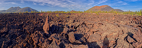 Panorama view of O'Leary Peak on the left and Sunset Crater on the right from the Bonito Lava Field near Flagstaff, Arizona, United States of America, North America