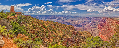 View of the Grand Canyon east of the historic Watch Tower, managed by the National Park Service, Grand Canyon National Park, UNESCO World Heritage Site, Arizona, United States of America, North America