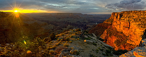 Grand Canyon viewed west of Moran Point at sunset with an approaching storm on the right, Arizona, United States of America, North America