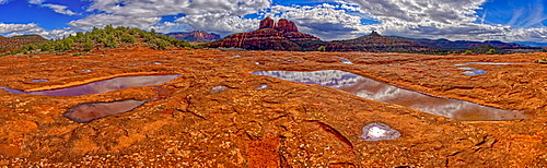 Cathedral Rock viewed from a slick sandstone plateau, composed of 21 photos stitched into a super panorama, Sedona, Arizona, United States of America, North America