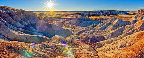 Panorama of the setting sun at the First Forest in Petrified Forest National Park, Arizona, United States of America, North America