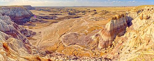 A sheer cliff of rock jutting out from the Blue Mesa along the Billings Gap Trail in Petrified Forest National Park, Arizona, United States of America, North America