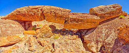 Natural stone bridge of petrified wood called Keystone Bridge, located on Blue Mesa in Petrified Forest National Park, Arizona, United States of America, North America