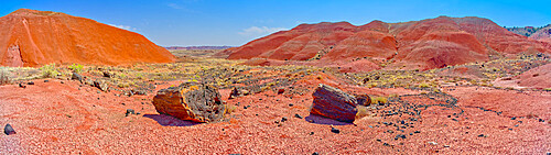 Hills of blood red bentonite clay below Kachina Point in Petrified Forest National Park, Arizona, United States of America, North America