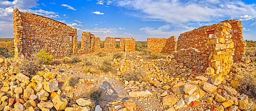 The crumbling stone walls of a derelict building in the ghost town of Two Guns, Arizona, United States of America, North America