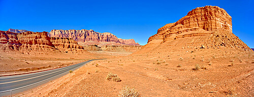 Lee's Ferry Road running between Cathedral Rock and Vermilion Cliffs National Monument in Glen Canyon Recreation Area, Arizona, United States of America, North America