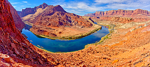 Bend in Colorado River near Lee's Ferry, Glen Canyon Recreation Area, Vermilion Cliffs National Monument in background, Arizona, United States of America, North America