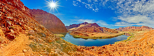 Bend in Colorado River near Lee's Ferry, Glen Canyon Recreation Area, Vermilion Cliffs National Monument in background, Arizona, United States of America, North America