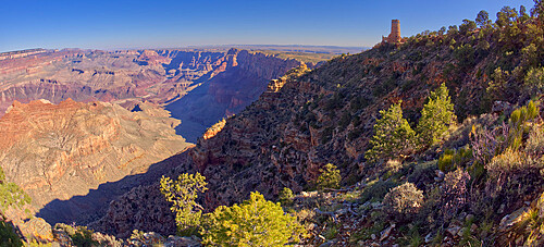 The Desert View Watchtower at Grand Canyon viewed from below the cliffs east of Navajo Point, Grand Canyon National Park, UNESCO World Heritage Site, Arizona, United States of America, North America