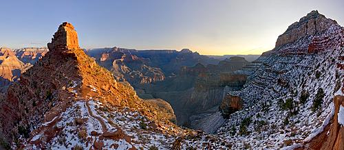 Sunrise view from Cedar Ridge along the South Kaibab Trail at Grand Canyon Arizona in winter. O'Neill Butte is on the left and Cremation Creek is below in the center. Ooh Aah Point in on the upper right.