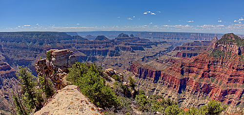 View of Grand Canyon from Bright Angel Point on the North Rim, with Brahma and Zoroaster Temples visible in the distance an Oza Butte on far right, Grand Canyon National Park, UNESCO World Heritage Site, Arizona, United States of America, North America