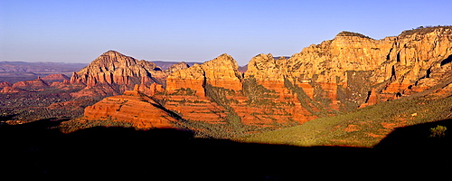 Early morning view of Sedona from Schnebly Hill Vista, Capitol Butte on the left and Wilson Mountain on the right, Sedona, Arizona, United States of America, North America