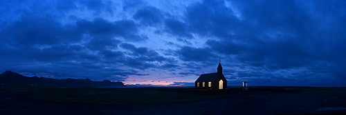 Sunrise at the black church of Budir, Iceland, Polar Regions