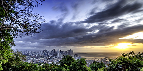 Sunrise long-exposure of Panama City from Reserva Cerro Ancon Park, Panama City, Panama