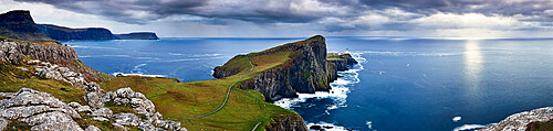 Panoramic on the coast of the Isle of Skye and Nest Point promontory, Isle of Skye, Inner Hebrides, Scotland, United Kingdom, Europe