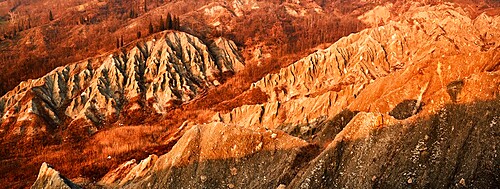 Panoramic view at sunset on badlands, Emilia Romagna, Italy, Europe