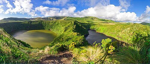 Panorama from Miradouro over Caldeira Negra e Lagoa Comprida, two lakes of volcanic origin on Flores island, Azores islands, Portugal, Atlantic Ocean, Europe