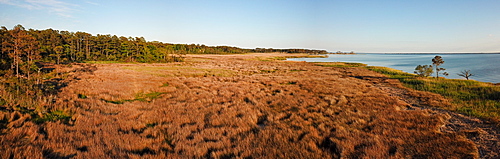 Aerial Panorama of Pamlico Sound salt marsh, Nags Head, North Carolina, United States of America, North America