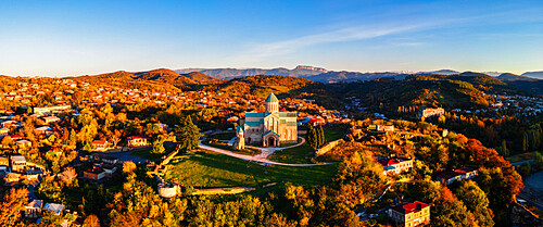 Aerial view of Bagrati Cathedral at sunrise, in Kutaisi, Imereti, Georgia (Sakartvelo), Central Asia, Asia