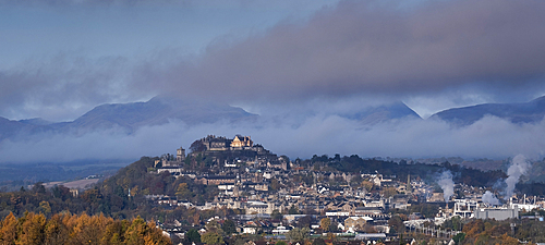 Panoramic image of the City of Stirling and Stirling Castle in autumn, Stirling, Stirlingshire, Scotland, United Kingdom, Europe