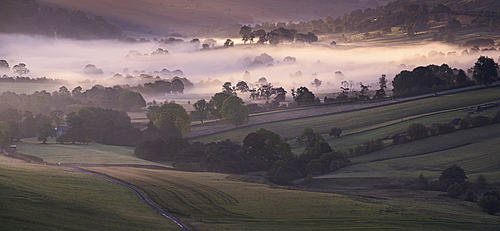 Mist and Fog in the Upper Dove Valley at dawn, near Longnor, Peak District National Park, Derbyshire, England, United Kingdom, Europe