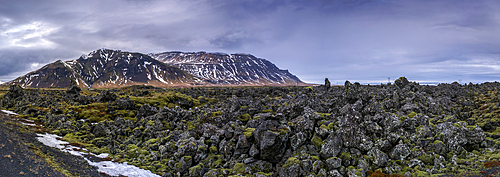 Wide Panoramic view of The Bjarnarhofn Lava Field, Snaefellsnes Peninsula, Iceland