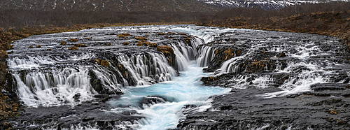 Wide Panoramic view of the Blue Waters of Bruarfoss Waterfall, Bruarfoss, near Laugarvatn, Southwest Iceland
