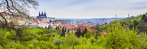 Panorama of Prague Castle and gardens of Petrin Hill, Prague, Czechia, Europe