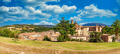 View of the Ducal Palace of Urbino and its historic center from the park of the Albornoz Fortress, Urbino, Marche, Italy, Europe