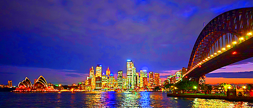 Sydney Harbour skyline at sunset, dusk, night