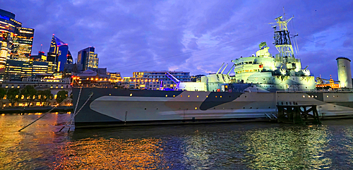 HMS Belfast and London skyline at dusk, London, England, United Kingdom, Europe