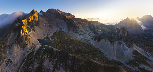 Aerial and panoramic view of Grand Serù and Mont Thabor at sunrise during summer, Provence Alps Cote d’Azur, Haute Alps, Vallee Etroite, France, Europe