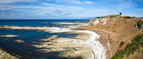 Point Kean Viewpoint. Panoramic View of Rugged White Limestone Cliffs and Blue Sea at Kaikoura Peninsula, New Zealand