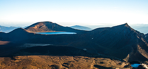 Panoramic view, crater of Blue Lake and Tongariro Volcano at sunrise, Tongariro National Park, UNESCO World Heritage Site, North Island, New Zealand, Pacific