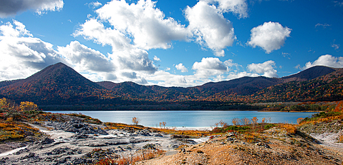 Volcanic panorama Lake Usori in autumn, Mutsu, Aomori prefecture, norhtern Honshu, Japan, Asia