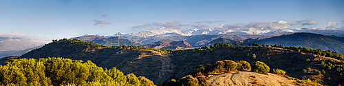 Evening panorama over olive trees in the hills of Albaicin, to the Sierra Nevada, Granada, Andalucia, Spain