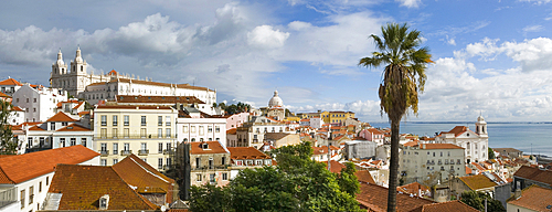 Overview with the Monastery of Sao Vicente de Fora from the belvedere Portas do Sol, Lisbon, Portugal, Europe