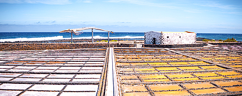 Panoramic aerial view of salt flats overlooking the ocean, Las Salinas Del Carmen, Fuerteventura, Canary Islands, Spain
