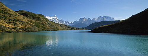 Cuernos del Paine rising up above Rio Paine, Torres del Paine National Park, Patagonia, Chile, South America