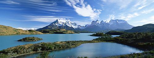 Cuernos del Paine rising up above Lago Pehoe, Torres del Paine National Park, Patagonia, Chile, South America