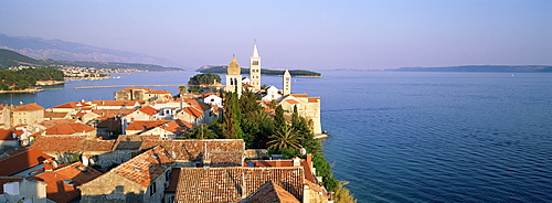 Elevatred view of medieval Rab Bell Towers and town, Rab Town, Rab Island, Dalmatia, Dalmatian Coast, Croatia, Europe