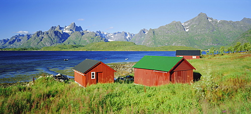 Raftsund Channel and Trolltinden Mountains, Lofoten Islands, Nordland, Norway, Scandinavia, Europe