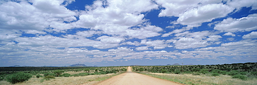 Straight gravel road cutting across grassy plain near Windhoek, Namibia