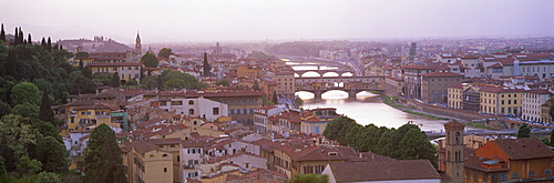 Panoramic view at dusk over Florence showing River Arno and Ponte Vecchio from Piazza Michelangelo, Florence, Tuscany, Italy, Europe