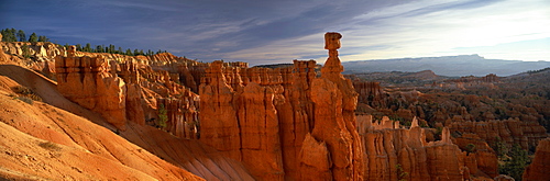 Backlit hoodoos and Thor's Hammer at sunrise, Bryce Canyon National Park, Utah, United States of America, North America