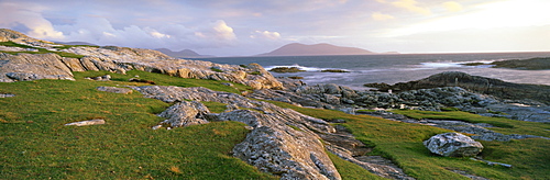 View towards the southern tip of the Isle of Harris from Taransay at dusk, Outer Hebrides, Scotland, United Kingdom, Europe