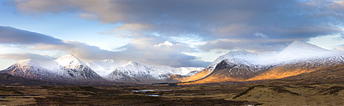 Panoramic view across Rannoch Moor on clear winter morning towards the snow-covered mountains of the Black Mount range, Rannoch Moor, near Fort William, Highland, Scotland, United Kingdom, Europe