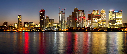 Canary Wharf panorama dusk from Greenwich peninsula, London, England, United Kingdom, Europe