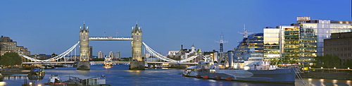 Panorama with Tower Bridge and HMS Belfast, London, England, United Kingdom, Europe